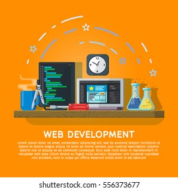 Flat color banner design concept for creative studio. Programming and coding. Modern flat design for Web Banner, Website Element or Book cover. Workspace designer and programmer. Vector illustration