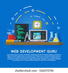 Flat color banner design concept for creative studio. Website development, Web design. Modern flat design for Web Banner, Website Element. Workspace designer and programmer. Vector illustration
