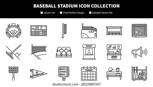 Flat Color Baseball Stadium Icon Collection with Game Equipment and Sports Facilities Symbols for Graphic Design Projects