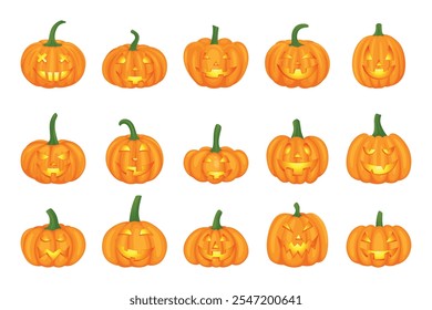 Flat Color Cartoon Vector Halloween Pumpkins with Carved Faces Collection. Jack-O'-Lanterns Set for Halloween Decor. Detailed Pumpkin Illustrations for Festive Design, Icons, Templates