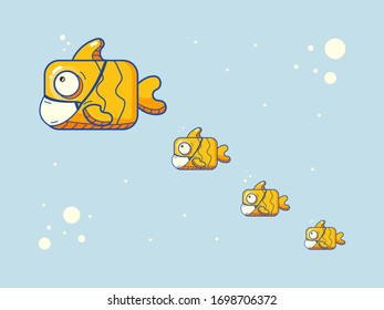 flat color cheerful fishes with medical mask under water with air bubbles