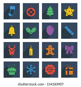 flat color christmas icons with long shadows, isolated on white