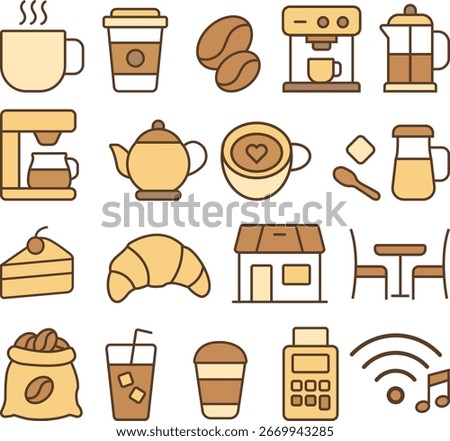 Flat color Coffee tea shop style icon set. includes a colorful coffee cup, mug, beans, takeaway cup, coffee maker, and café-related elements. Ideal for website, app, infographic, and marketing design.