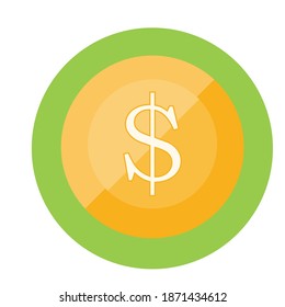 Flat color coin icon on green background. Fully editable. Royalty free.