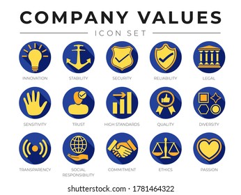 Flat Color Company Core Values icon Set. Innovation, Stability, Security, Reliability, Legal, Sensitivity, Trust, High Standard, Quality, Diversity, Transparency, Commitment, Ethics, Passion Icons.