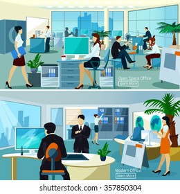 Flat color compositions with people talking and working at computers in open space office vector illustration 