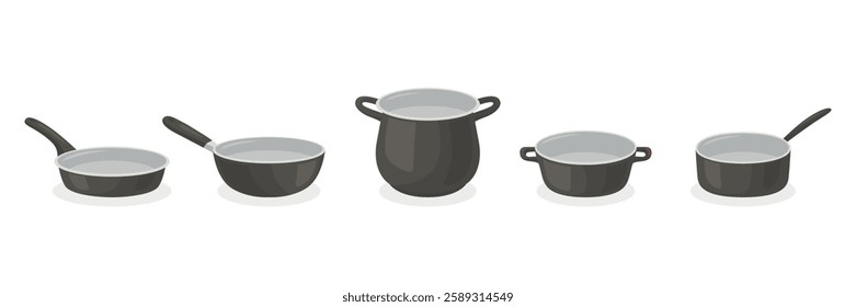 Flat Color Cookware Vector Illustration. Cooking Pots, Frying Pans, Saucepan. Kitchen Utensils, Kitchenware, Cooking Set. Nonstick Cookware, Kitchen Cooking Pans, Utensils, Equipment Icons