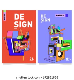 Flat color covers set. Abstract colorful geometric 3d shapes with typography poster design template. Trendy design and colorful summer theme. 