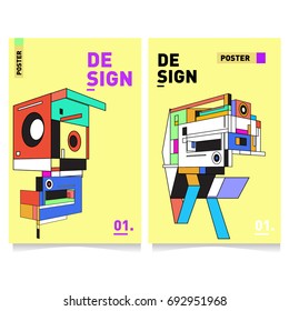 Flat color covers set. Abstract colorful geometric 3d shapes with typography poster design template. Trendy design and colorful summer theme. 
