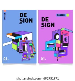 Flat color covers set. Abstract colorful geometric 3d shapes with typography poster design template. Trendy design and colorful summer theme. 