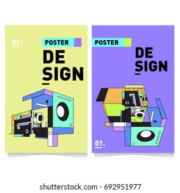 Flat color covers set. Abstract colorful geometric 3d shapes with typography poster design template. Trendy design and colorful summer theme. 