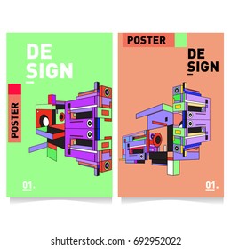 Flat color covers set. Abstract colorful geometric 3d shapes with typography poster design template. Trendy design and colorful summer theme. 