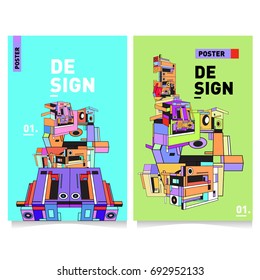Flat color covers set. Abstract colorful geometric 3d shapes with typography poster design template. Trendy design and colorful summer theme. 