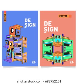 Flat color covers set. Abstract colorful geometric 3d shapes with typography poster design template. Trendy design and colorful summer theme. 