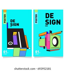 Flat color covers set. Abstract colorful geometric 3d shapes with typography poster design template. Trendy design and colorful summer theme. 