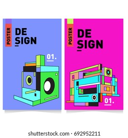 Flat color covers set. Abstract colorful geometric 3d shapes with typography poster design template. Trendy design and colorful summer theme. 