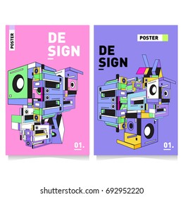 Flat color covers set. Abstract colorful geometric 3d shapes with typography poster design template. Trendy design and colorful summer theme. 