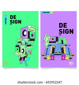 Flat color covers set. Abstract colorful geometric 3d shapes with typography poster design template. Trendy design and colorful summer theme. 