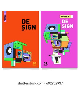 Flat color covers set. Abstract colorful geometric 3d shapes with typography poster design template. Trendy design and colorful summer theme. 