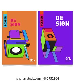 Flat color covers set. Abstract colorful geometric 3d shapes with typography poster design template. Trendy design and colorful summer theme. 