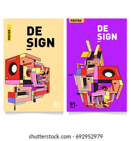 Flat color covers set. Abstract colorful geometric 3d shapes with typography poster design template. Trendy design and colorful summer theme. 