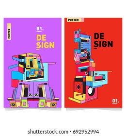 Flat color covers set. Abstract colorful geometric 3d shapes with typography poster design template. Trendy design and colorful summer theme. 