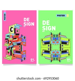 Flat color covers set. Abstract colorful geometric 3d shapes with typography poster design template. Trendy design and colorful summer theme. 
