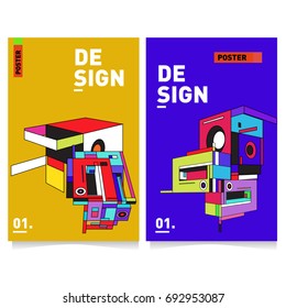 Flat color covers set. Abstract colorful geometric 3d shapes with typography poster design template. Trendy design and colorful summer theme. 