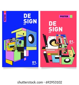 Flat color covers set. Abstract colorful geometric 3d shapes with typography poster design template. Trendy design and colorful summer theme. 