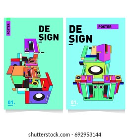 Flat color covers set. Abstract colorful geometric 3d shapes with typography poster design template. Trendy design and colorful summer theme. 