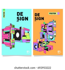 Flat color covers set. Abstract colorful geometric 3d shapes with typography poster design template. Trendy design and colorful summer theme. 