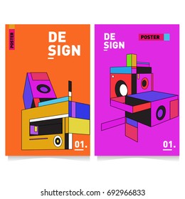 Flat color covers set. Abstract colorful geometric 3d shapes with typography poster design template. Trendy design and colorful summer theme. 
