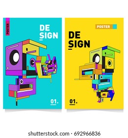 Flat color covers set. Abstract colorful geometric 3d shapes with typography poster design template. Trendy design and colorful summer theme. 