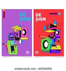 Flat color covers set. Abstract colorful geometric 3d shapes with typography poster design template. Trendy design and colorful summer theme. 