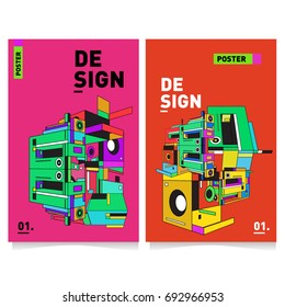 Flat color covers set. Abstract colorful geometric 3d shapes with typography poster design template. Trendy design and colorful summer theme. 