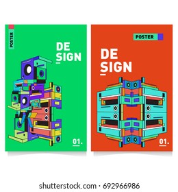 Flat color covers set. Abstract colorful geometric 3d shapes with typography poster design template. Trendy design and colorful summer theme. 