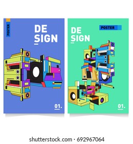 Flat color covers set. Abstract colorful geometric 3d shapes with typography poster design template. Trendy design and colorful summer theme. 