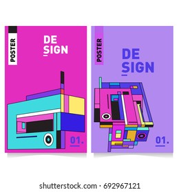 Flat color covers set. Abstract colorful geometric 3d shapes with typography poster design template. Trendy design and colorful summer theme. 