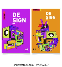 Flat color covers set. Abstract colorful geometric 3d shapes with typography poster design template. Trendy design and colorful summer theme. 