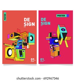 Flat color covers set. Abstract colorful geometric 3d shapes with typography poster design template. Trendy design and colorful summer theme. 