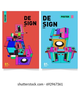 Flat color covers set. Abstract colorful geometric 3d shapes with typography poster design template. Trendy design and colorful summer theme. 
