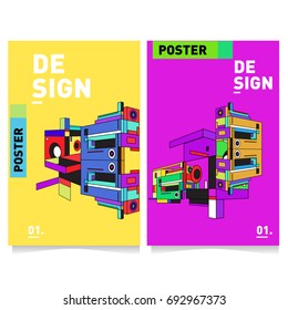 Flat color covers set. Abstract colorful geometric 3d shapes with typography poster design template. Trendy design and colorful summer theme. 