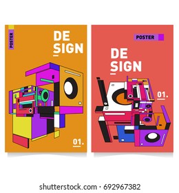 Flat color covers set. Abstract colorful geometric 3d shapes with typography poster design template. Trendy design and colorful summer theme. 