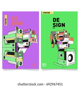 Flat color covers set. Abstract colorful geometric 3d shapes with typography poster design template. Trendy design and colorful summer theme. 