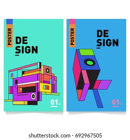 Flat color covers set. Abstract colorful geometric 3d shapes with typography poster design template. Trendy design and colorful summer theme. 