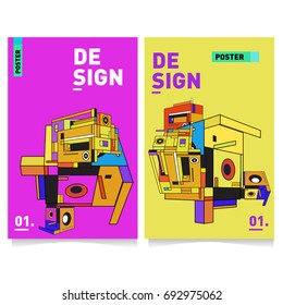 Flat color covers set. Abstract colorful geometric 3d shapes with typography poster design template. Trendy design and colorful summer theme. 