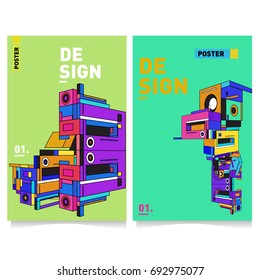 Flat color covers set. Abstract colorful geometric 3d shapes with typography poster design template. Trendy design and colorful summer theme. 