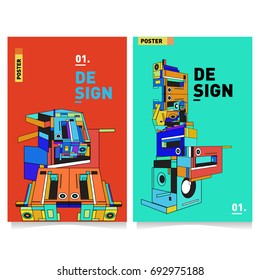 Flat color covers set. Abstract colorful geometric 3d shapes with typography poster design template. Trendy design and colorful summer theme. 