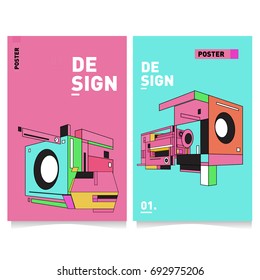 Flat color covers set. Abstract colorful geometric 3d shapes with typography poster design template. Trendy design and colorful summer theme. 