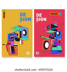 Flat color covers set. Abstract colorful geometric 3d shapes with typography poster design template. Trendy design and colorful summer theme. 